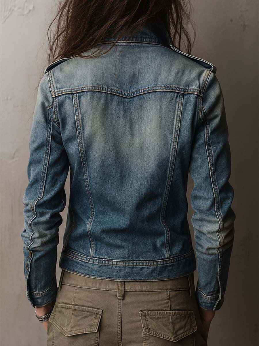 Washed And Faded Utility Denim Jacket With Epaulettes - Image 7