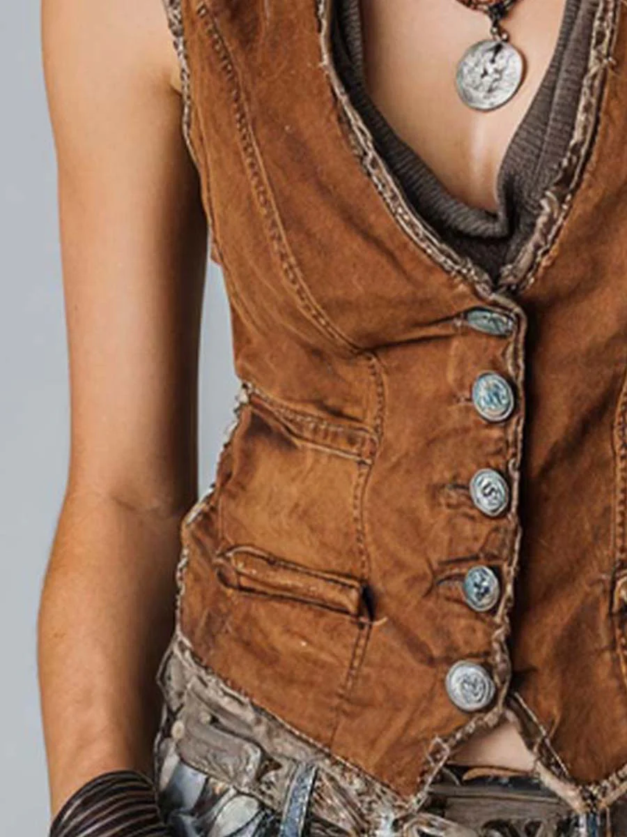 Washed Caramel Denim With Brass Button Stitching Vest - Image 6
