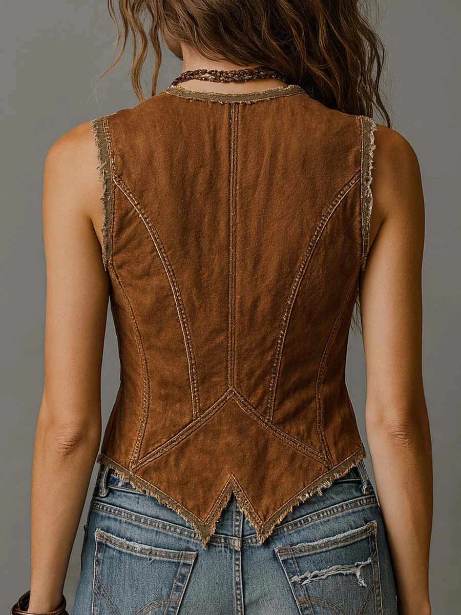 Washed Caramel Denim With Brass Button Stitching Vest - Image 8