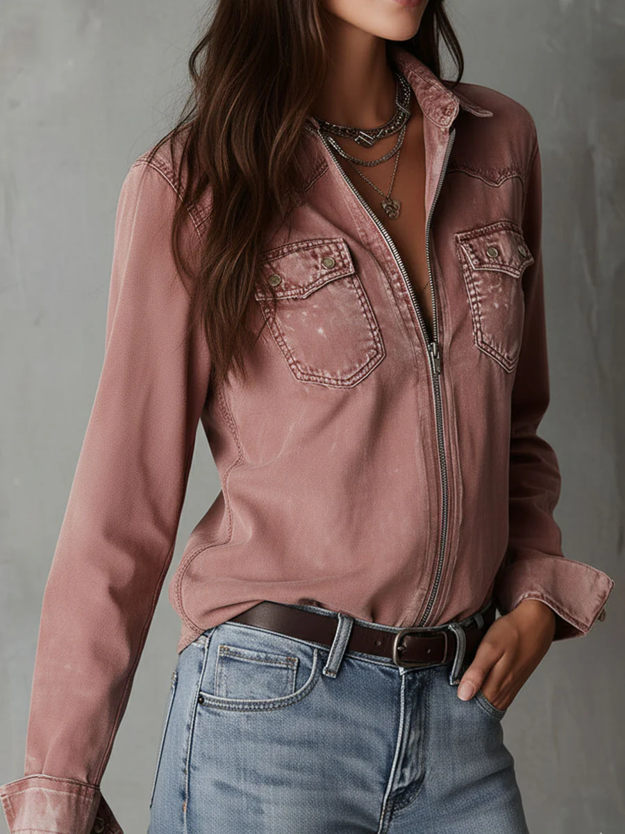 Western Soft Faded Dusty Rose Washed Denim Zip Shirt - Image 3
