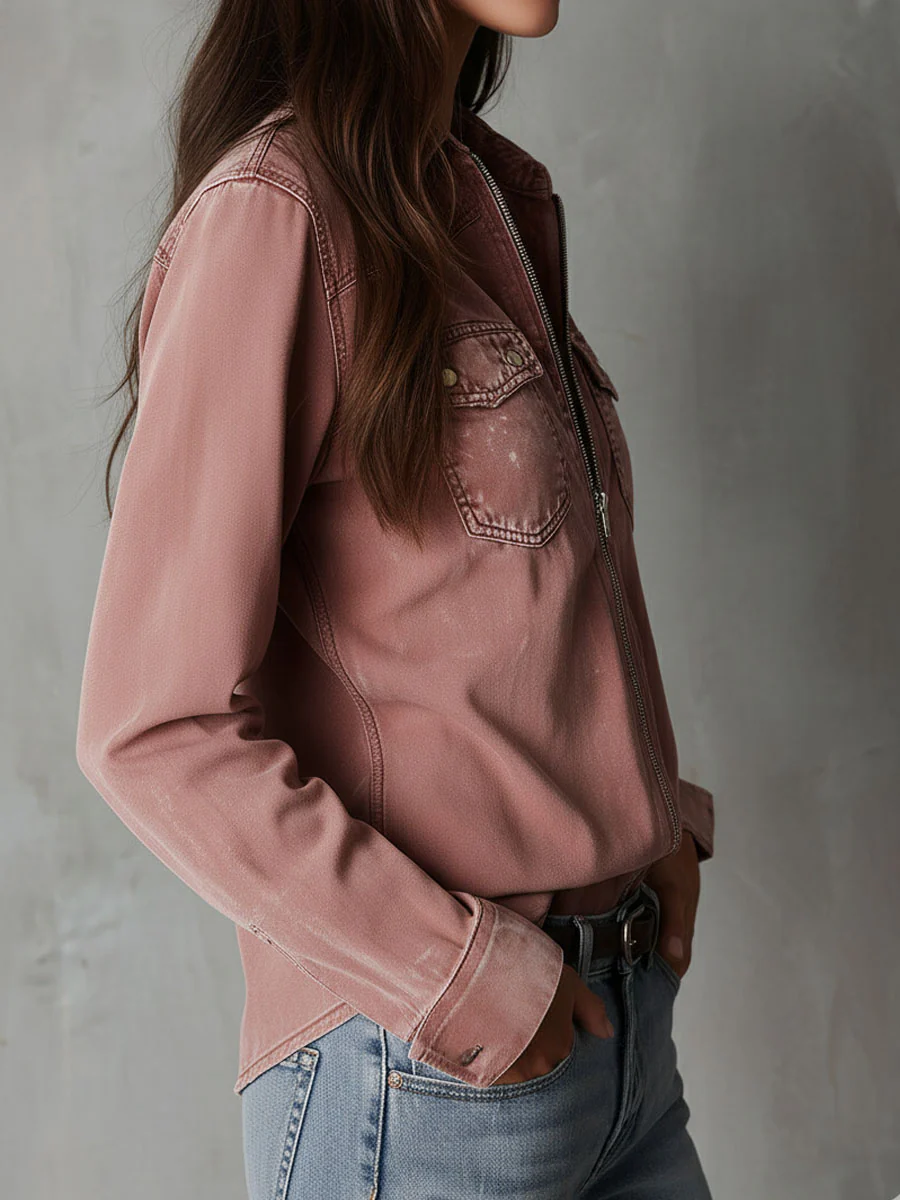 Western Soft Faded Dusty Rose Washed Denim Zip Shirt - Image 4