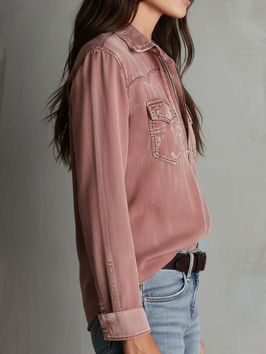 Western Soft Faded Dusty Rose Washed Denim Zip Shirt - Image 5