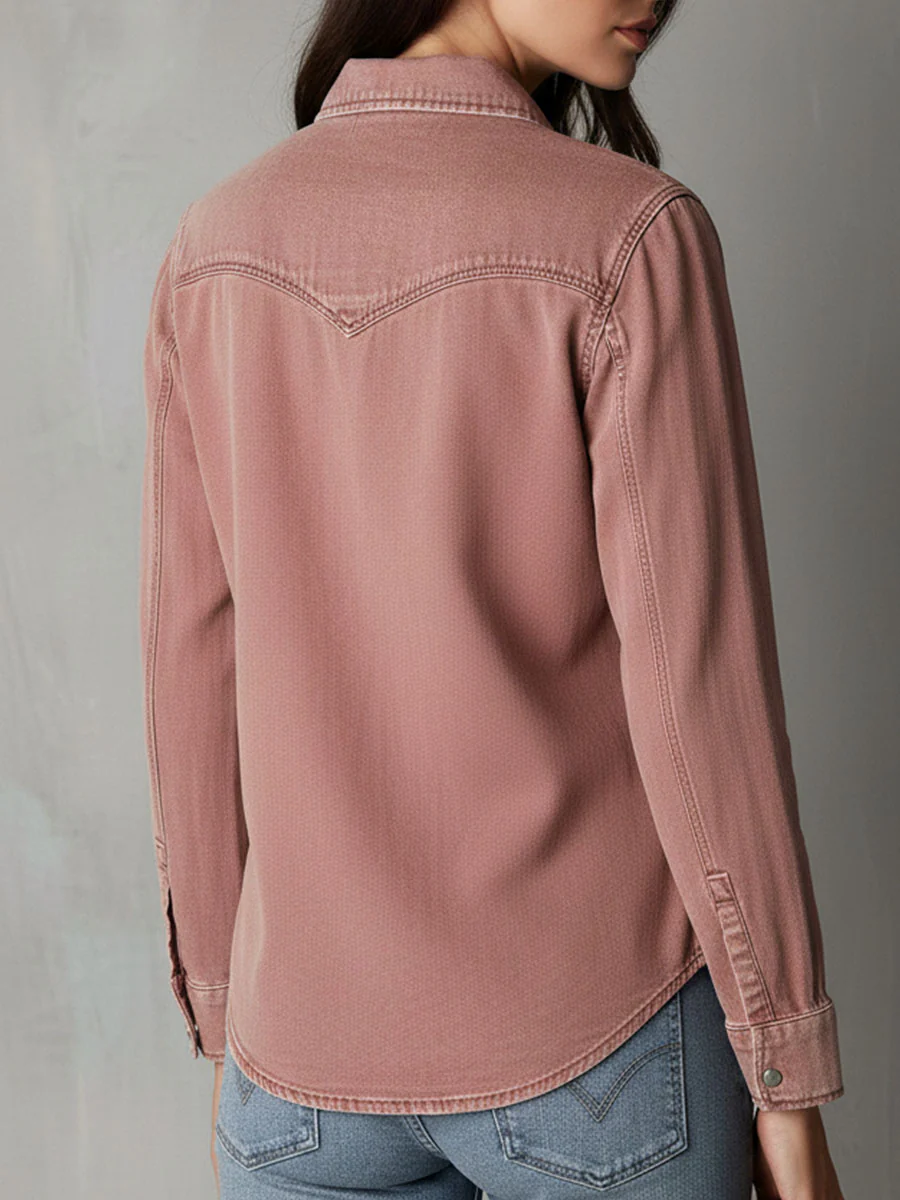 Western Soft Faded Dusty Rose Washed Denim Zip Shirt - Image 6