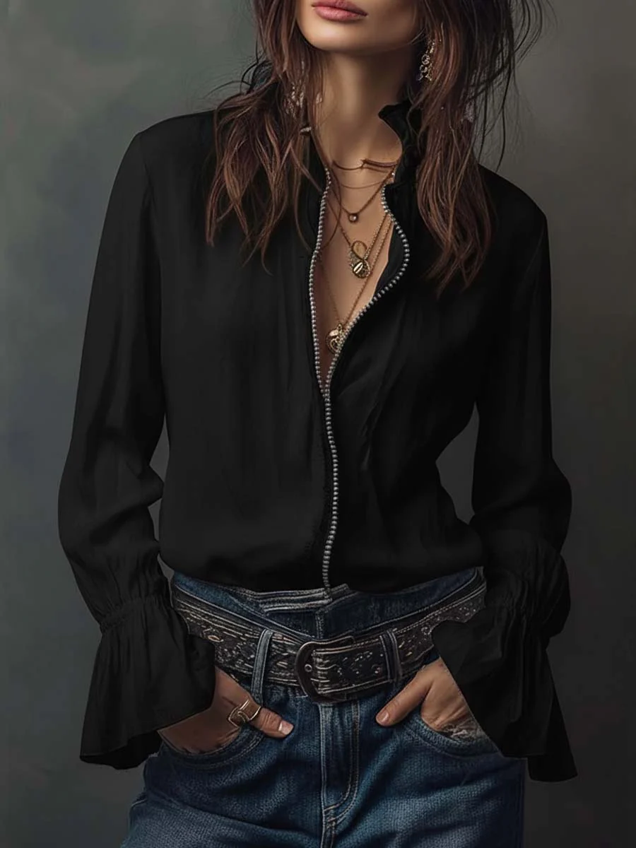 White Zip-Front Blouse With Flounce Cuffs - Image 10