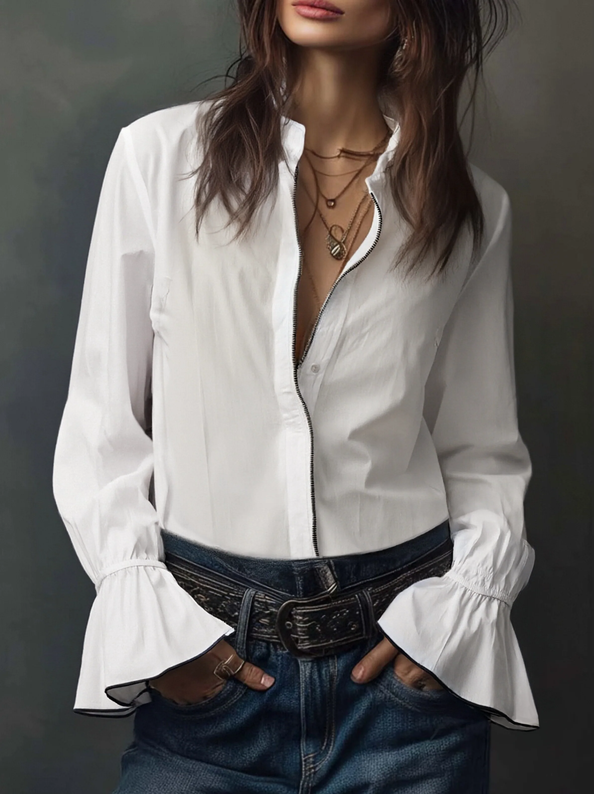 White Zip-Front Blouse With Flounce Cuffs - Image 3