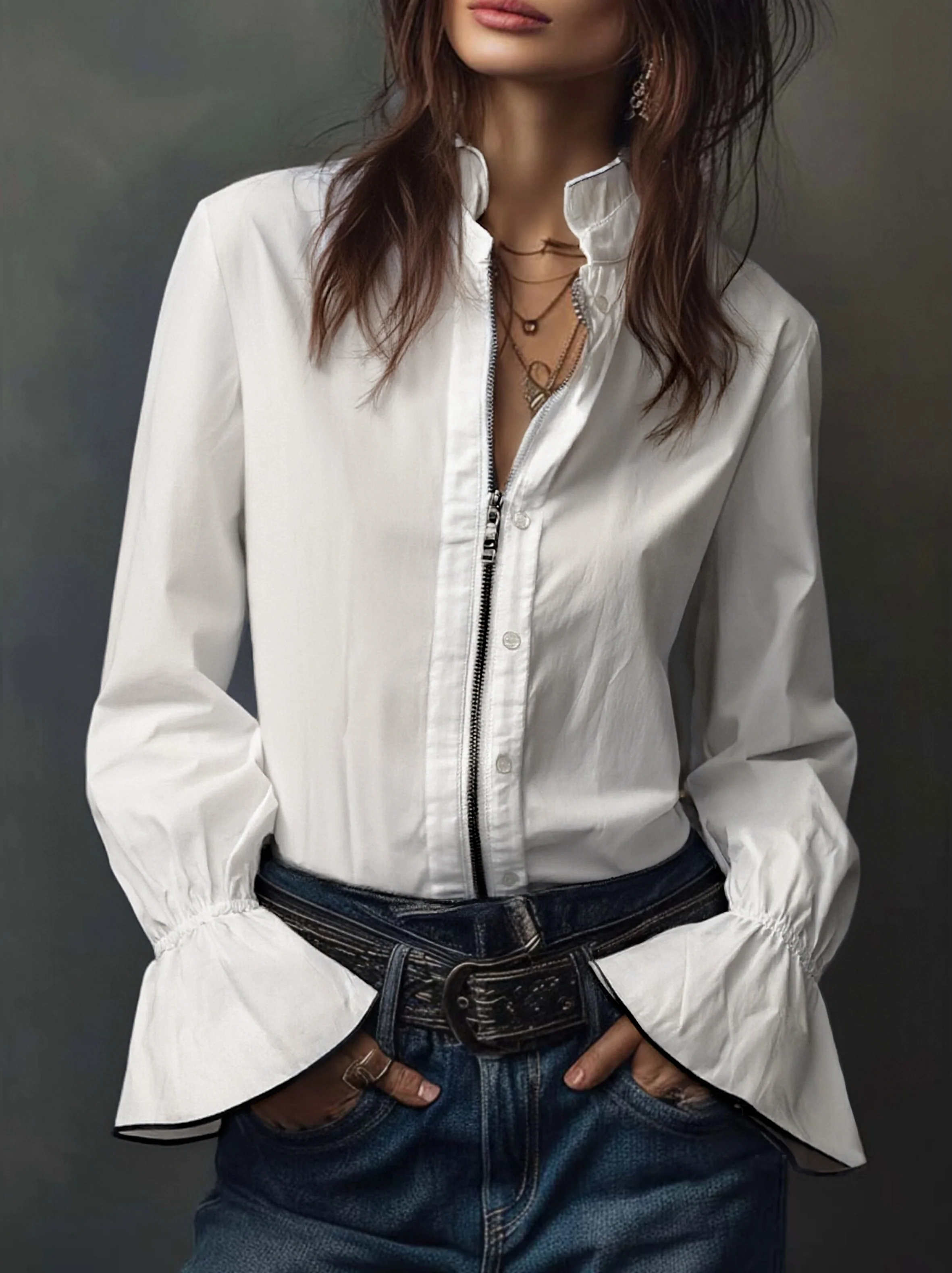 White Zip-Front Blouse With Flounce Cuffs - Image 4