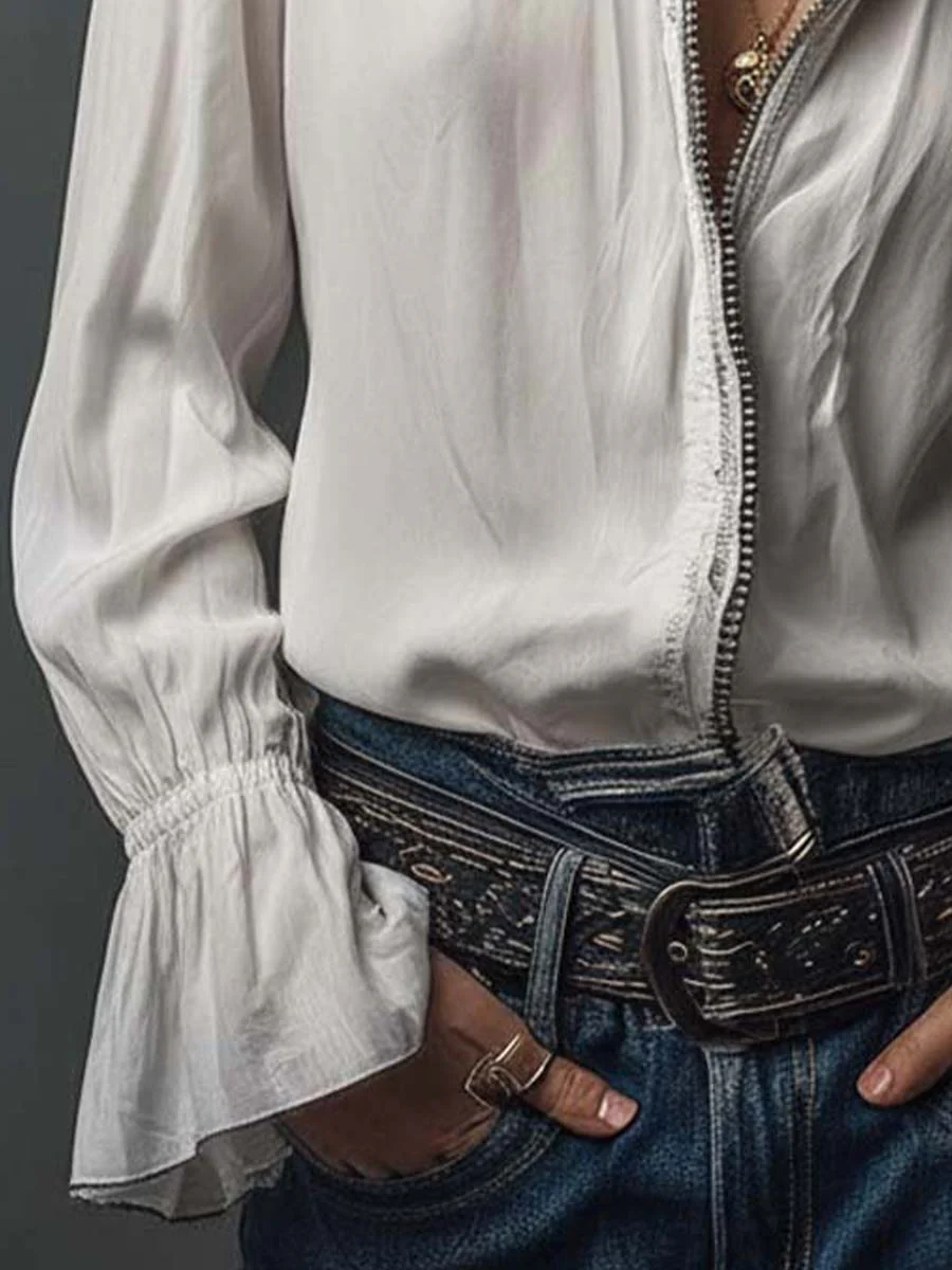 White Zip-Front Blouse With Flounce Cuffs - Image 5