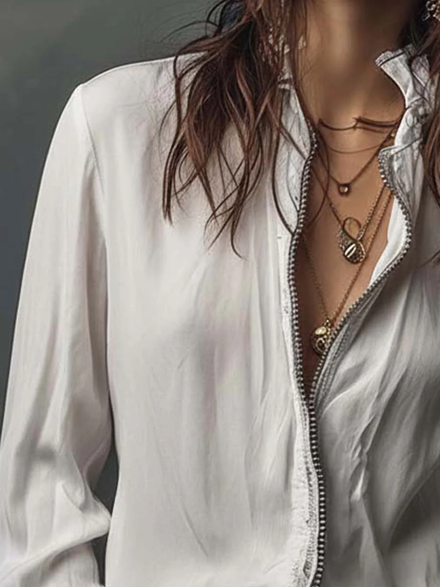 White Zip-Front Blouse With Flounce Cuffs - Image 6
