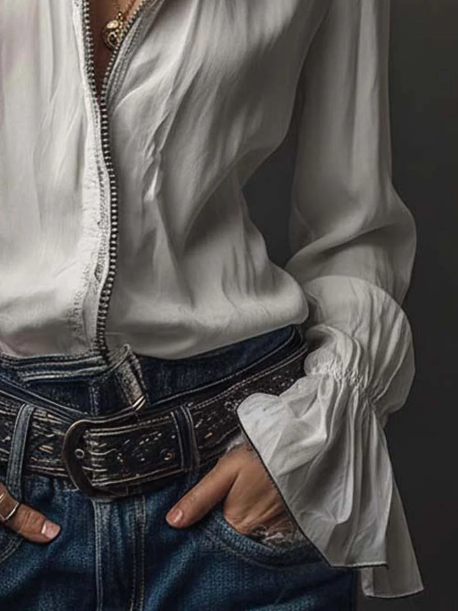 White Zip-Front Blouse With Flounce Cuffs - Image 7