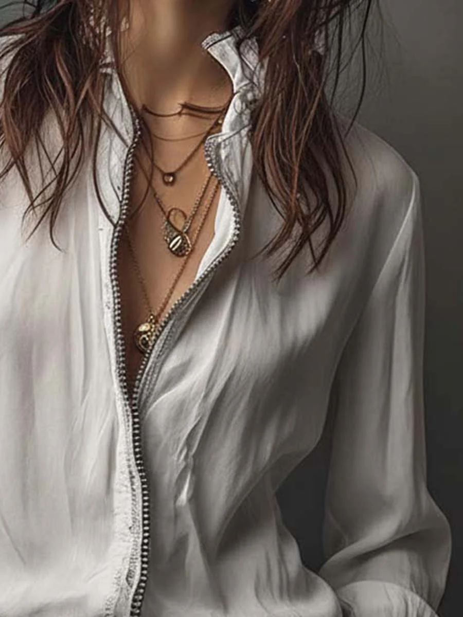 White Zip-Front Blouse With Flounce Cuffs - Image 8