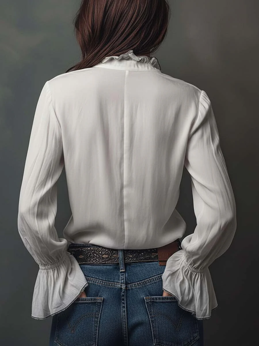 White Zip-Front Blouse With Flounce Cuffs - Image 9