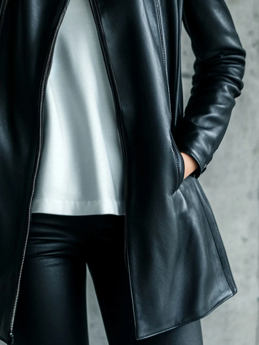 Women Simple Lapel Solid Color Faux Leather Jacket - Image 3