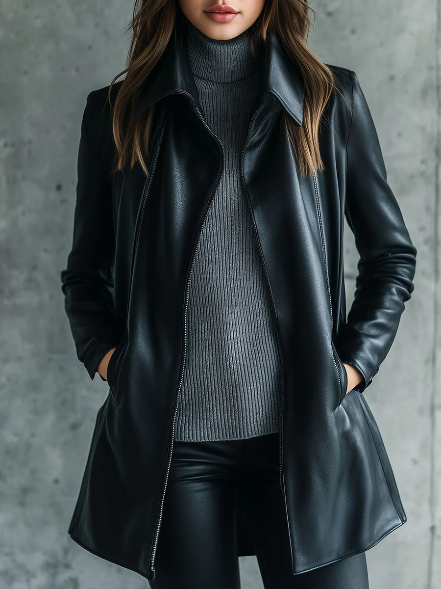 Women Simple Lapel Solid Color Faux Leather Jacket - Image 4