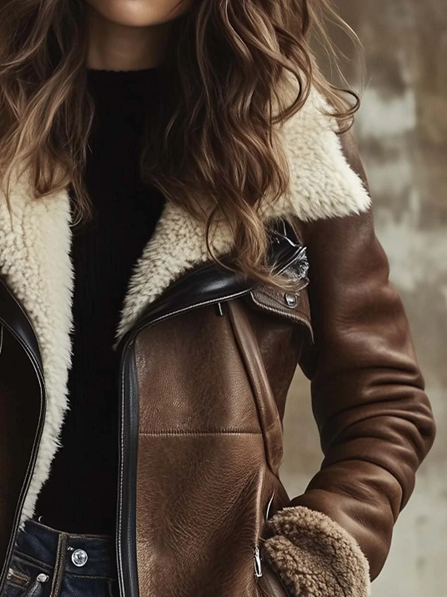 Women's Vintage Contrast Lambskin Collar Faux Leather Coat - Image 3