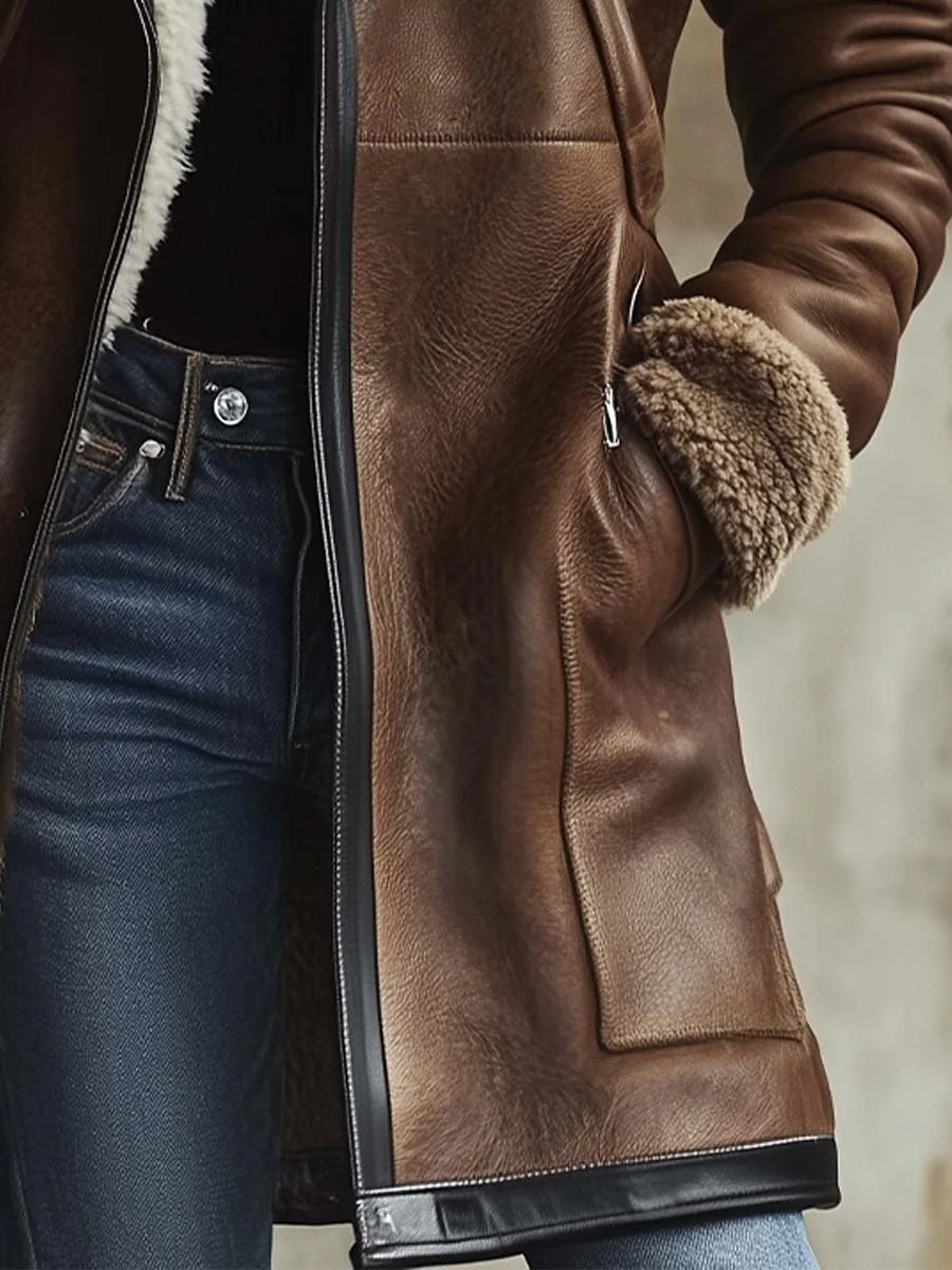 Women's Vintage Contrast Lambskin Collar Faux Leather Coat - Image 5