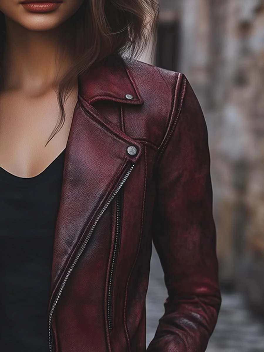 Women's Vintage Jacket Zipper Pocket Faux Leather Jacket - Image 3
