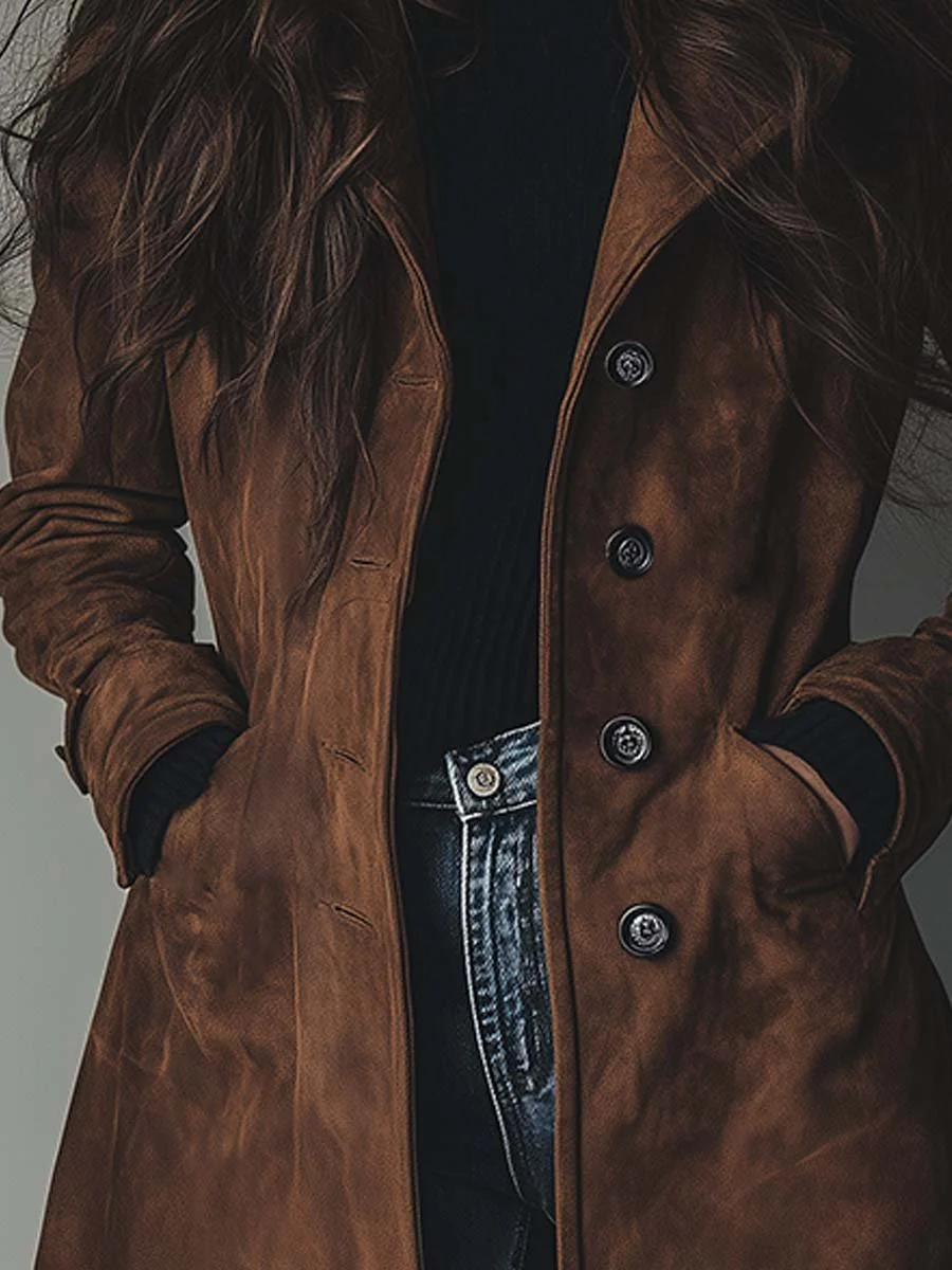 Women's Vintage Suede Trench Coat - Image 4