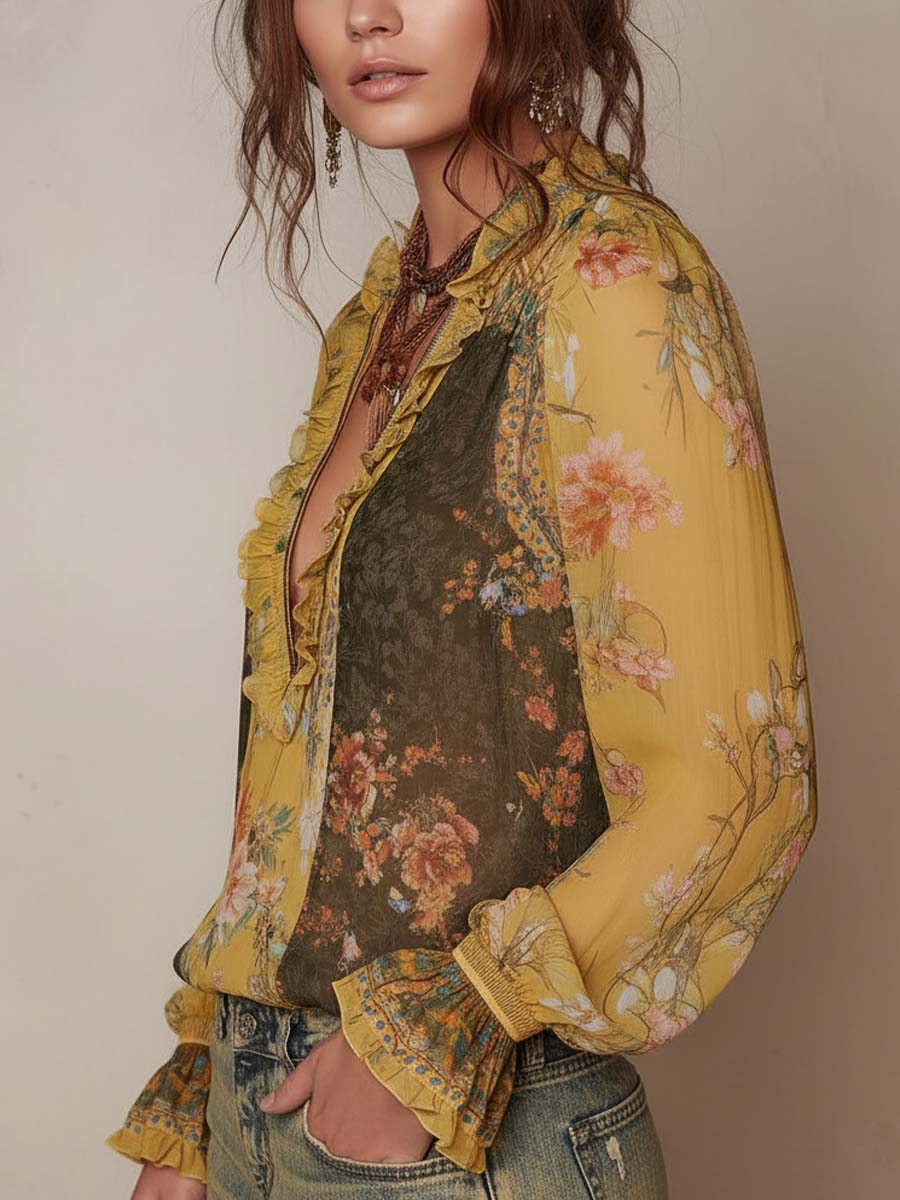 Zip-Front Ruffled Floral Chiffon Blouse - Image 2