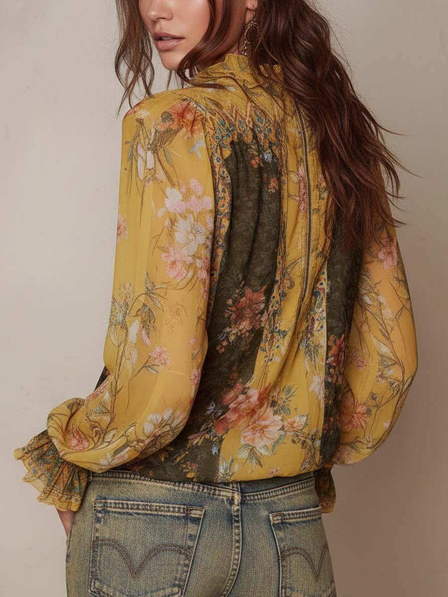 Zip-Front Ruffled Floral Chiffon Blouse - Image 3