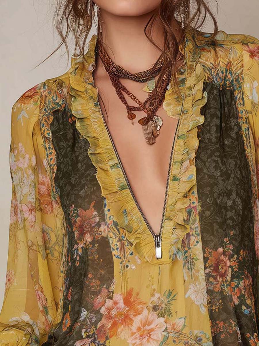 Zip-Front Ruffled Floral Chiffon Blouse - Image 4