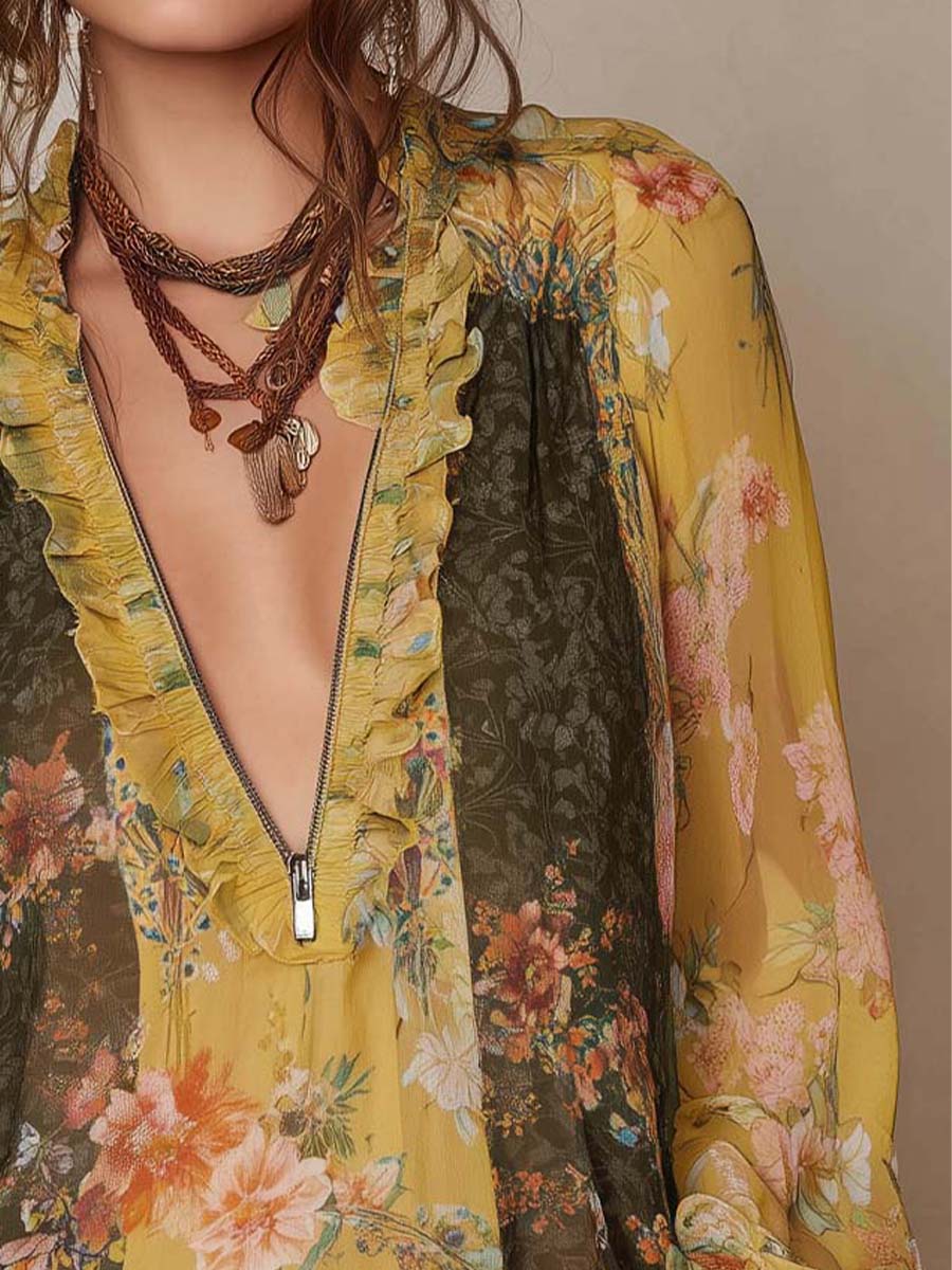 Zip-Front Ruffled Floral Chiffon Blouse - Image 5