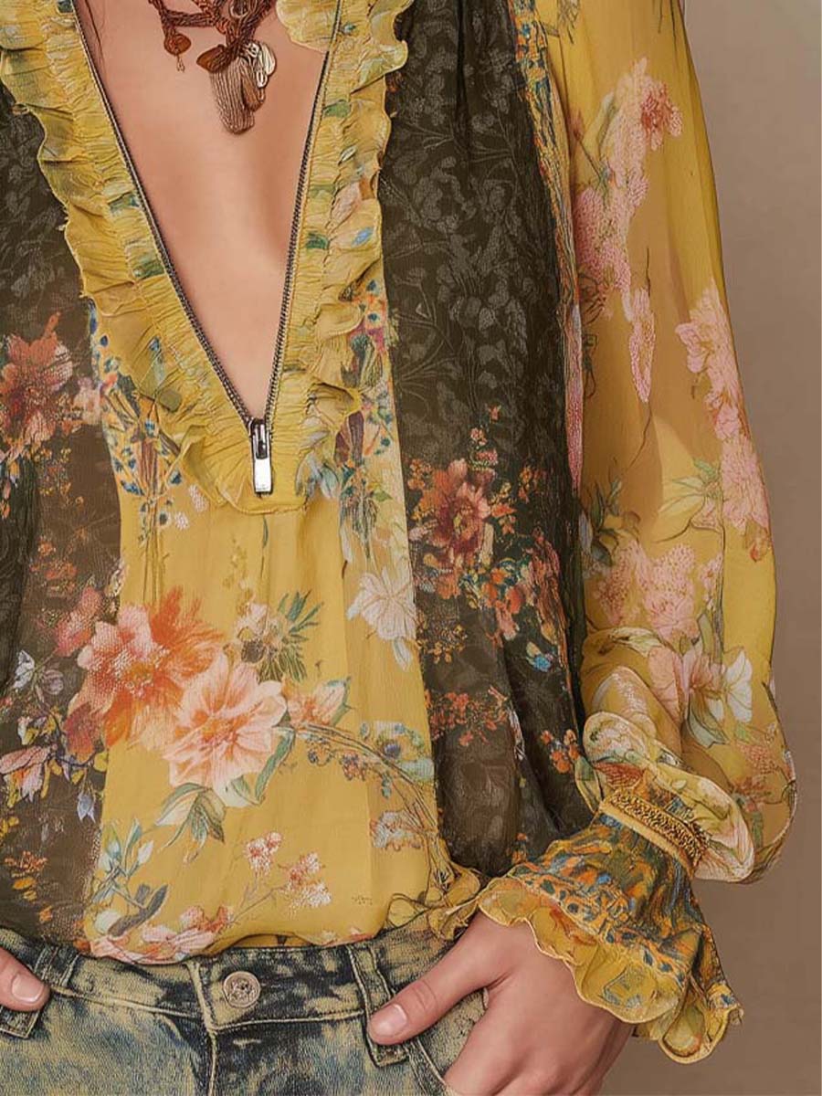 Zip-Front Ruffled Floral Chiffon Blouse - Image 6