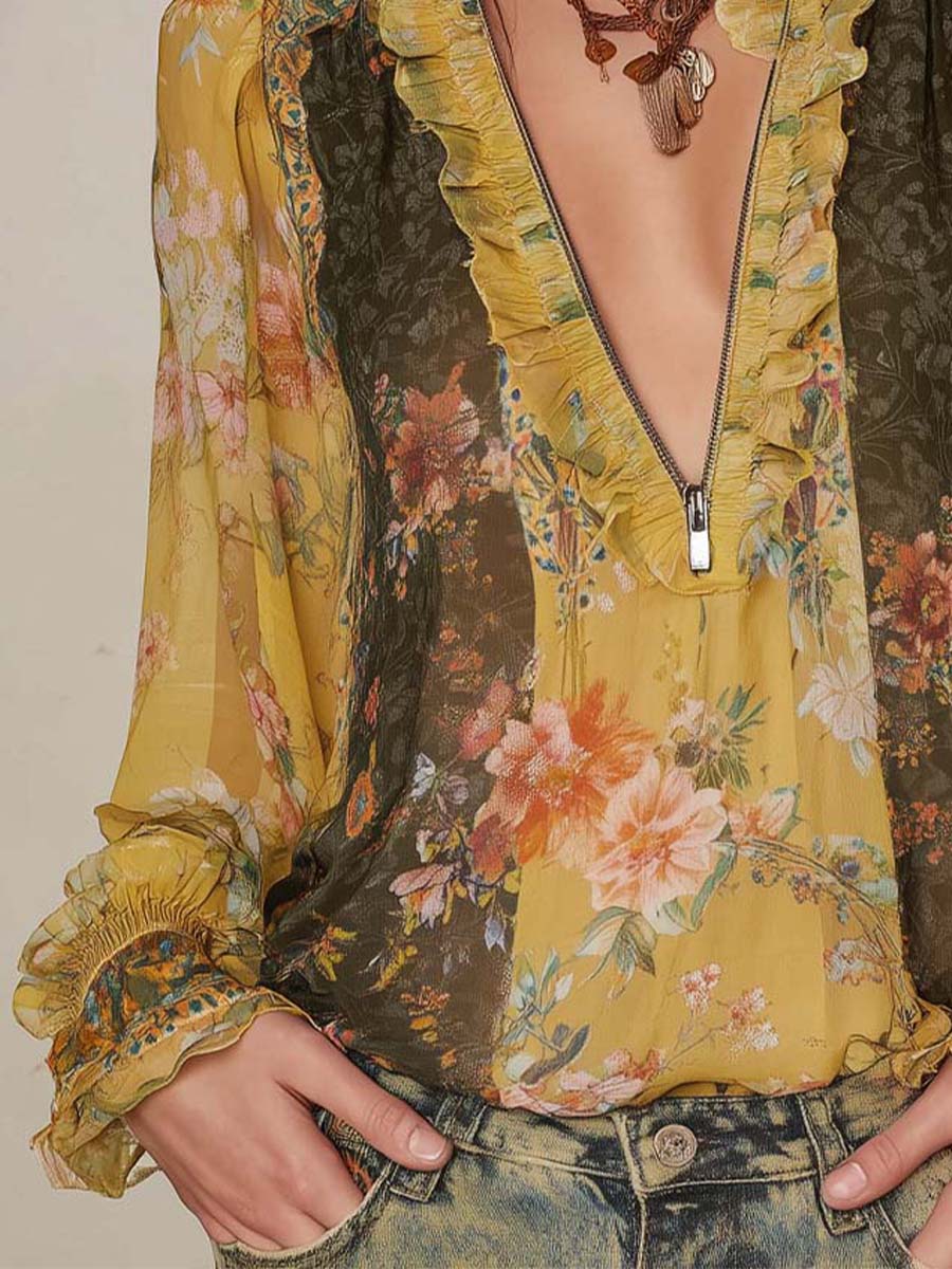 Zip-Front Ruffled Floral Chiffon Blouse - Image 7